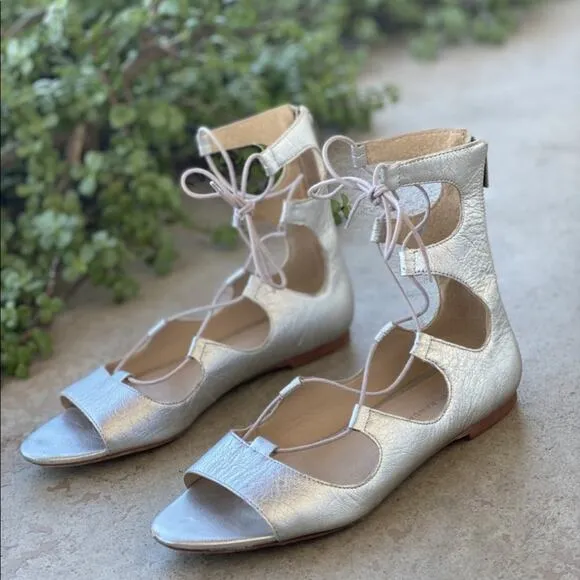 LOEFFLER RANDALL Metallic Silver Leather Lace Up Open Toe Strap Sandal Flats 8.5