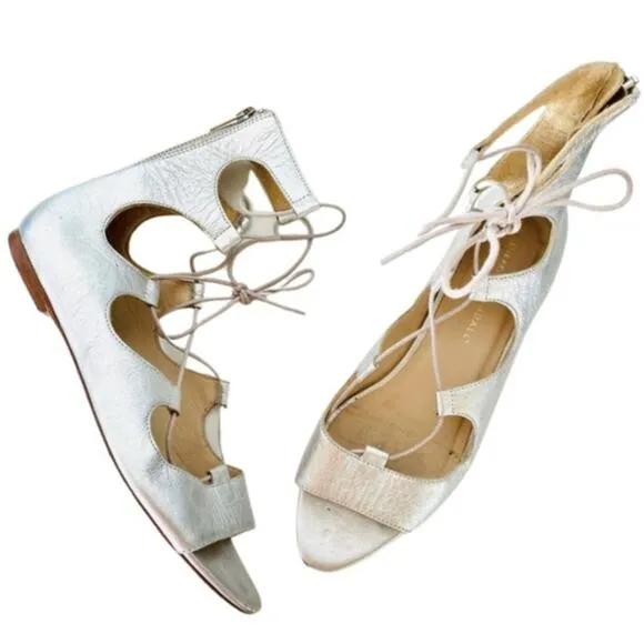 LOEFFLER RANDALL Metallic Silver Leather Lace Up Open Toe Strap Sandal Flats 8.5