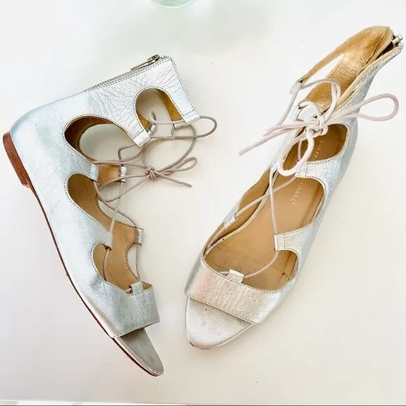 LOEFFLER RANDALL Metallic Silver Leather Lace Up Open Toe Strap Sandal Flats 8.5