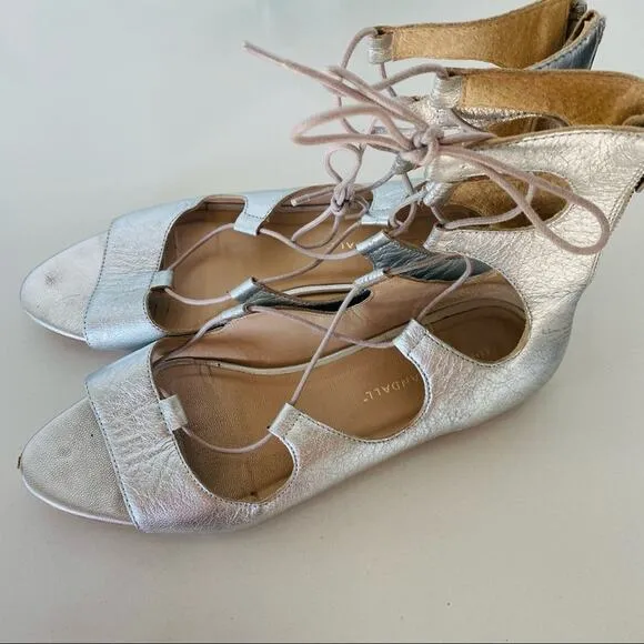 LOEFFLER RANDALL Metallic Silver Leather Lace Up Open Toe Strap Sandal Flats 8.5