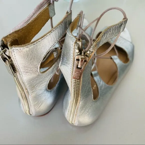 LOEFFLER RANDALL Metallic Silver Leather Lace Up Open Toe Strap Sandal Flats 8.5