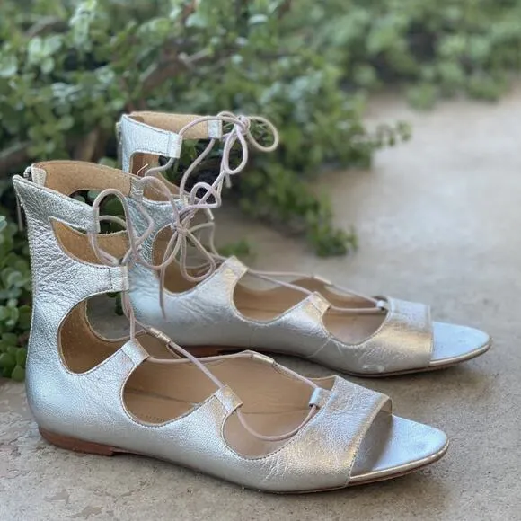 LOEFFLER RANDALL Metallic Silver Leather Lace Up Open Toe Strap Sandal Flats 8.5