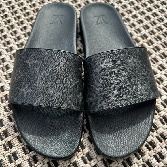 Louis Vuitton LV Waterfront Black Mules Pool Slides Monogram Eclipse Men’s Sz 10