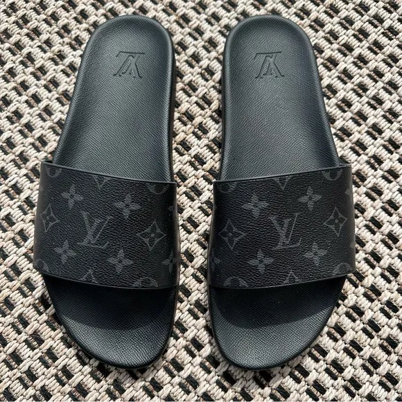 Louis Vuitton LV Waterfront Black Mules Pool Slides Monogram Eclipse Men’s Sz 10