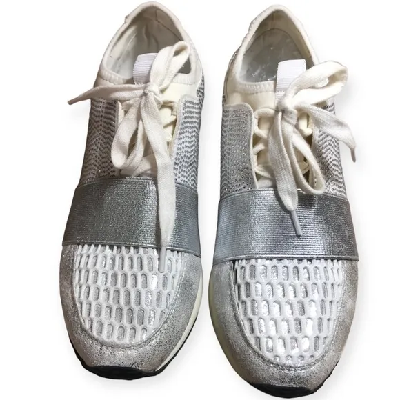 LS Cream and Silver Metallic Fashion Sneakers Size EU 40 US 9