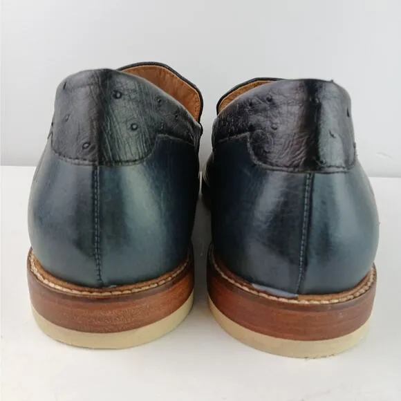 LUCCHESE SZ 10D Navy Leather/Ostrich Leather Loafer Moc Sample Shoe 55501
