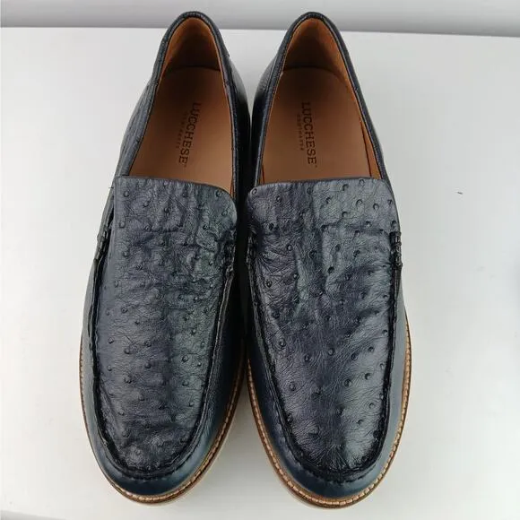 LUCCHESE SZ 10D Navy Leather/Ostrich Leather Loafer Moc Sample Shoe 55501