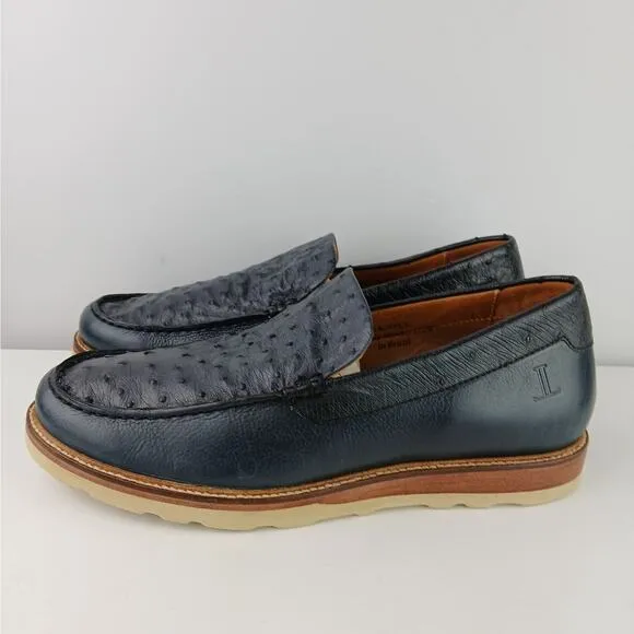 LUCCHESE SZ 10D Navy Leather/Ostrich Leather Loafer Moc Sample Shoe 55501