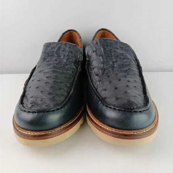 LUCCHESE SZ 10D Navy Leather/Ostrich Leather Loafer Moc Sample Shoe 55501