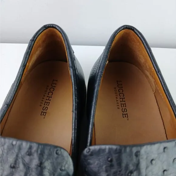 LUCCHESE SZ 10D Navy Leather/Ostrich Leather Loafer Moc Sample Shoe 55501