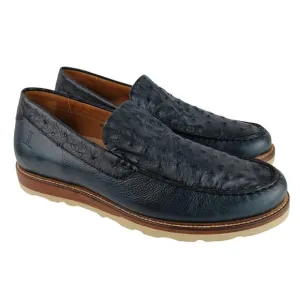 LUCCHESE SZ 10D Navy Leather/Ostrich Leather Loafer Moc Sample Shoe 55501