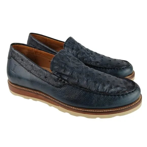 LUCCHESE SZ 10D Navy Leather/Ostrich Leather Loafer Moc Sample Shoe 55501