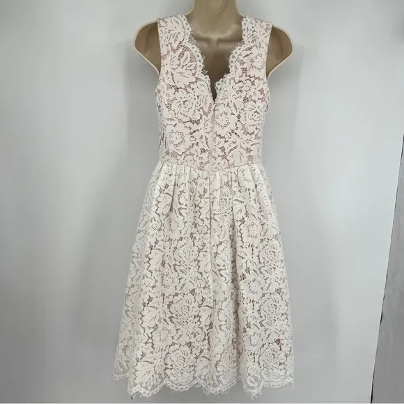 LULUS Love Swept White Lace Midi Scalloped Darted A-line Mesh Skater Dress