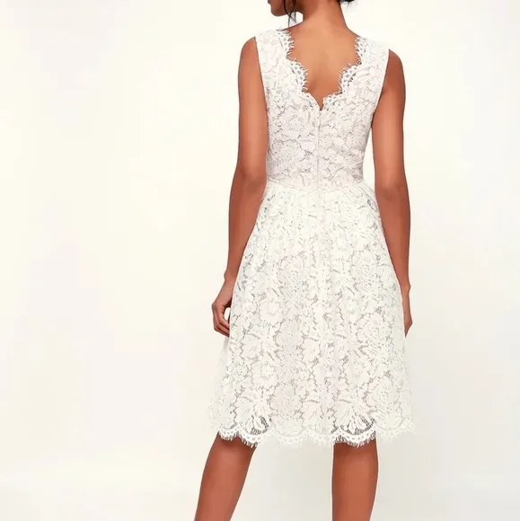 LULUS Love Swept White Lace Midi Scalloped Darted A-line Mesh Skater Dress