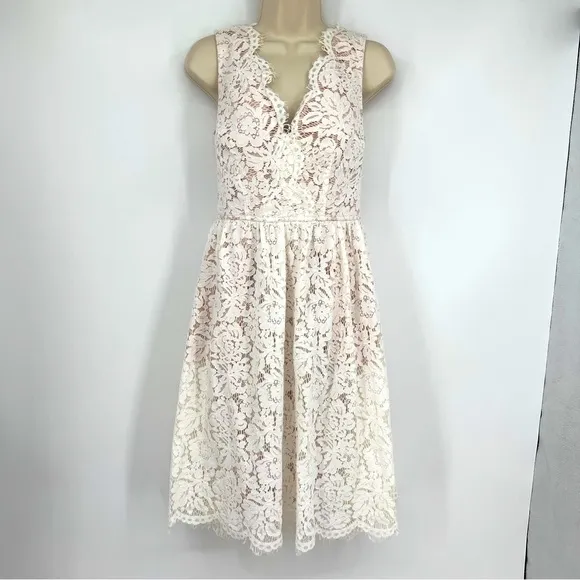 LULUS Love Swept White Lace Midi Scalloped Darted A-line Mesh Skater Dress