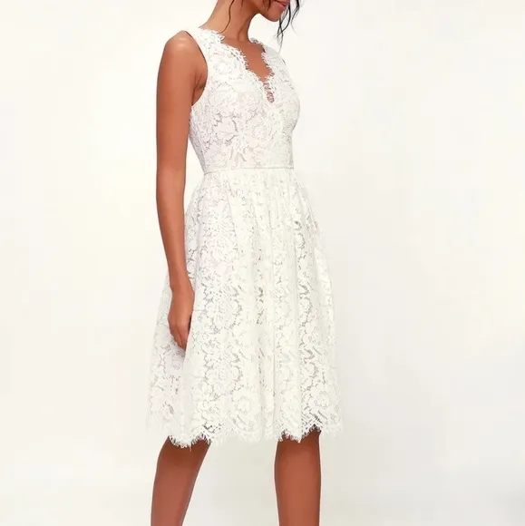 LULUS Love Swept White Lace Midi Scalloped Darted A-line Mesh Skater Dress