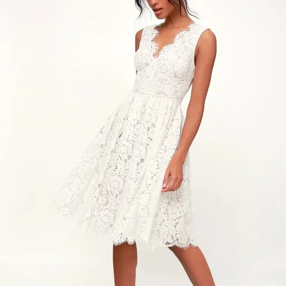 LULUS Love Swept White Lace Midi Scalloped Darted A-line Mesh Skater Dress