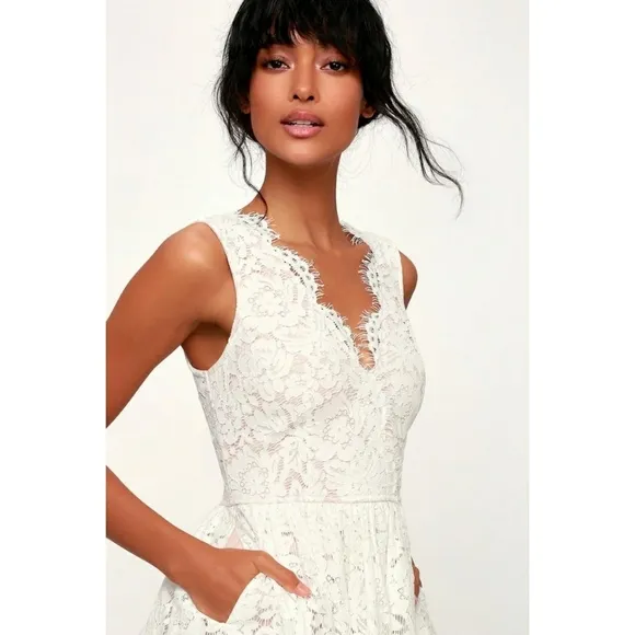 LULUS Love Swept White Lace Midi Scalloped Darted A-line Mesh Skater Dress