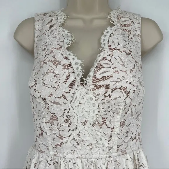 LULUS Love Swept White Lace Midi Scalloped Darted A-line Mesh Skater Dress