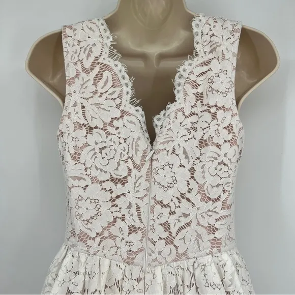 LULUS Love Swept White Lace Midi Scalloped Darted A-line Mesh Skater Dress