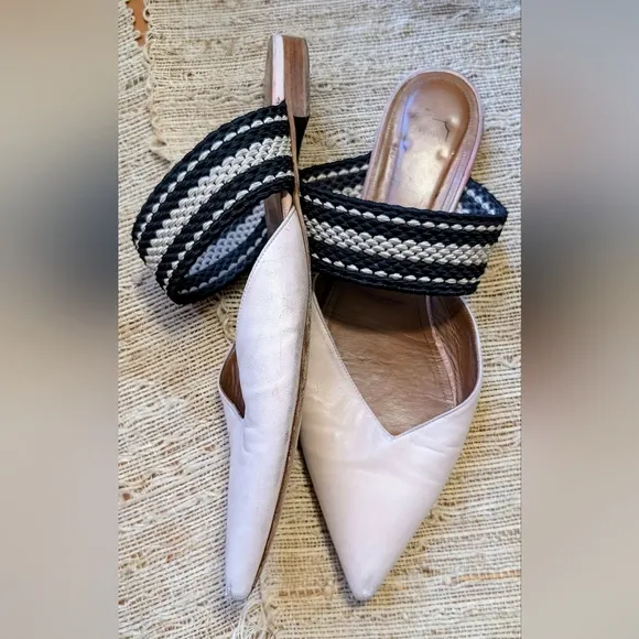 MALONE SOULIERS x ROKSANDA Hannah Leather Flats w/ Woven Strap in Vanilla