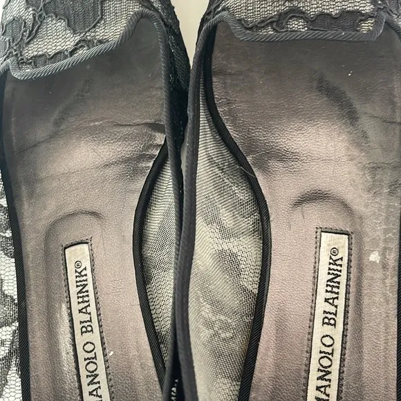 Manolo Blahnik Black Lace Flats Shoes Slip On Feminine Sheer Size 37 1/2- US 7.5