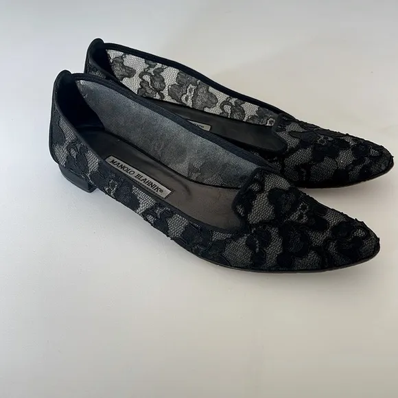 Manolo Blahnik Black Lace Flats Shoes Slip On Feminine Sheer Size 37 1/2- US 7.5