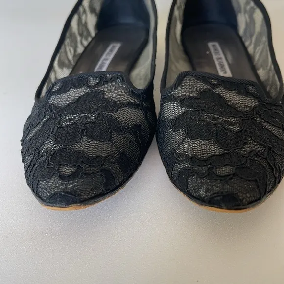 Manolo Blahnik Black Lace Flats Shoes Slip On Feminine Sheer Size 37 1/2- US 7.5