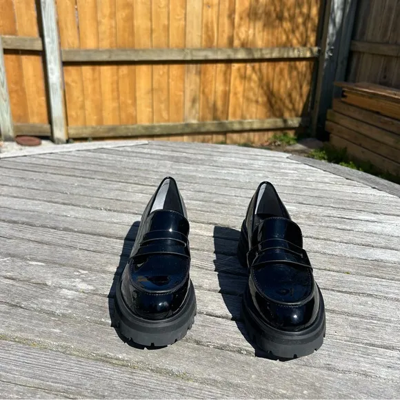 Marc Fisher Latika Platform Lug Sole Loafers Black Leather Size 7.5