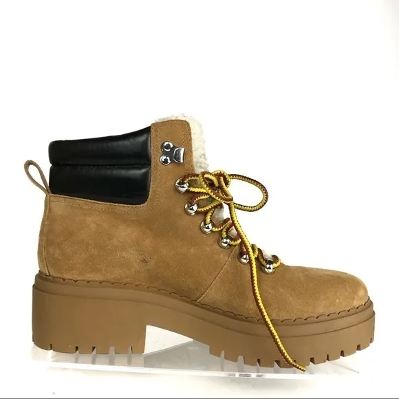 Marc Fisher Nairy Lace-Up Combat Leather Suede Shearling Lug Sole Boots Sz 8