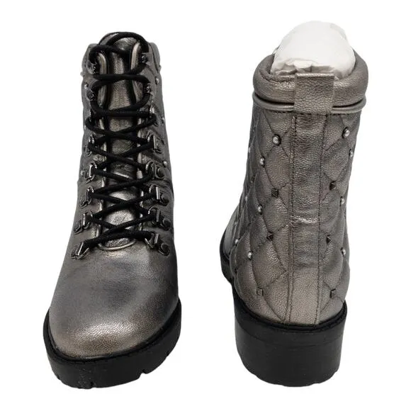 Marc Fisher Silver Metallic Lug Sole Quilted Studded Lace Up Combat Boots Womens