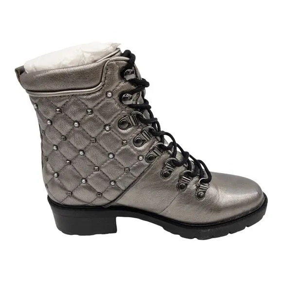 Marc Fisher Silver Metallic Lug Sole Quilted Studded Lace Up Combat Boots Womens