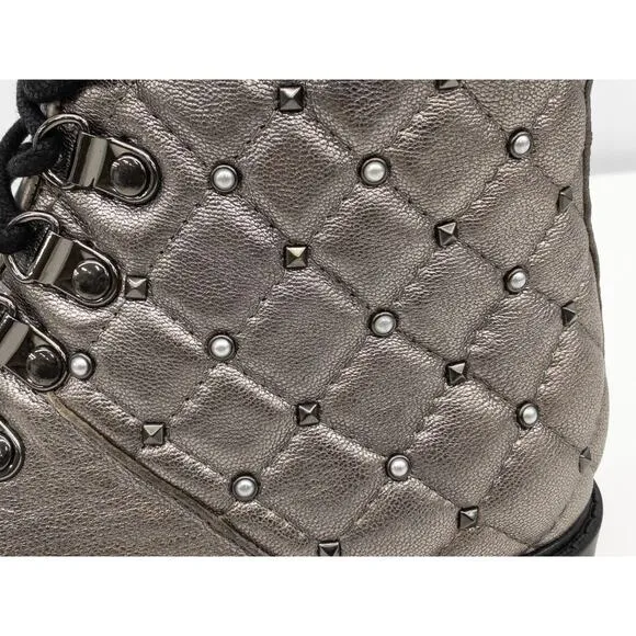 Marc Fisher Silver Metallic Lug Sole Quilted Studded Lace Up Combat Boots Womens