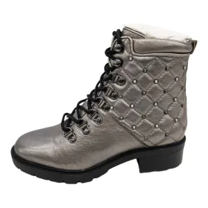 Marc Fisher Silver Metallic Lug Sole Quilted Studded Lace Up Combat Boots Womens