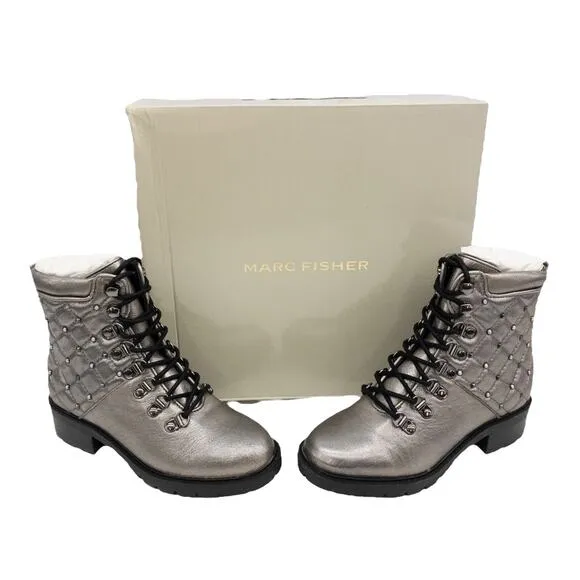 Marc Fisher Silver Metallic Lug Sole Quilted Studded Lace Up Combat Boots Womens