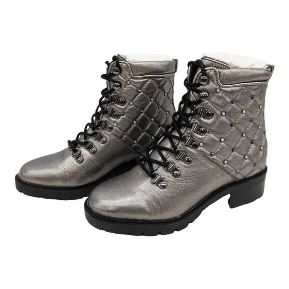 Marc Fisher Silver Metallic Lug Sole Quilted Studded Lace Up Combat Boots Womens