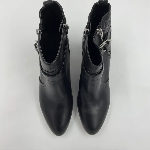 Marc Fisher Weity Black Quilted Leather Silver Buckle Strap Heeled Booties 9.5 M