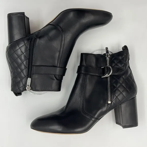 Marc Fisher Weity Black Quilted Leather Silver Buckle Strap Heeled Booties 9.5 M