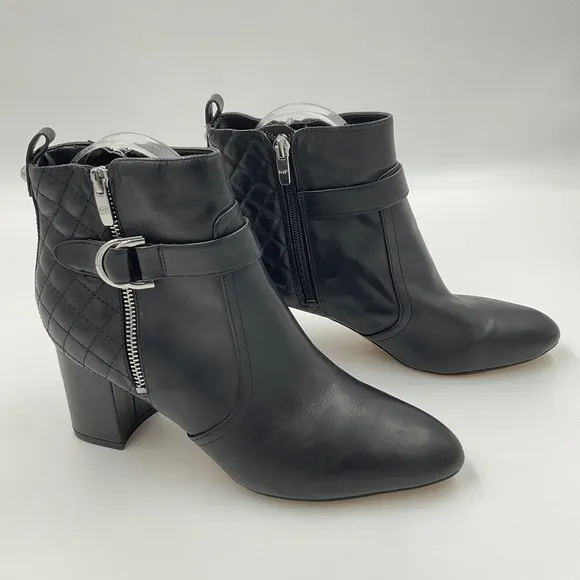 Marc Fisher Weity Black Quilted Leather Silver Buckle Strap Heeled Booties 9.5 M
