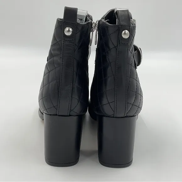 Marc Fisher Weity Black Quilted Leather Silver Buckle Strap Heeled Booties 9.5 M
