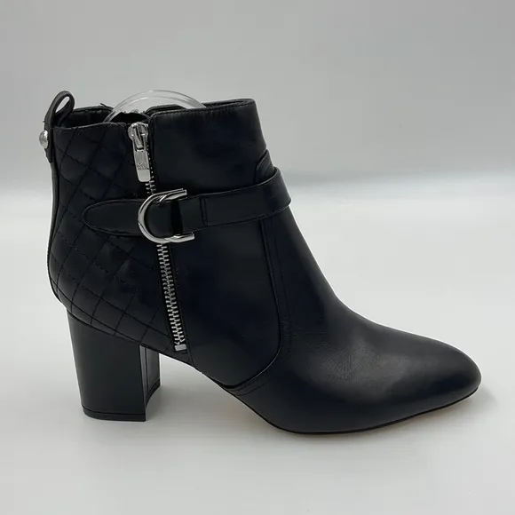 Marc Fisher Weity Black Quilted Leather Silver Buckle Strap Heeled Booties 9.5 M