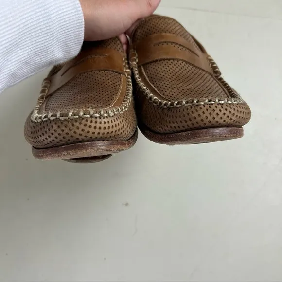 MARTIN DINGMAN- Perforated Brown Leather Moc Toe Penny Loafers