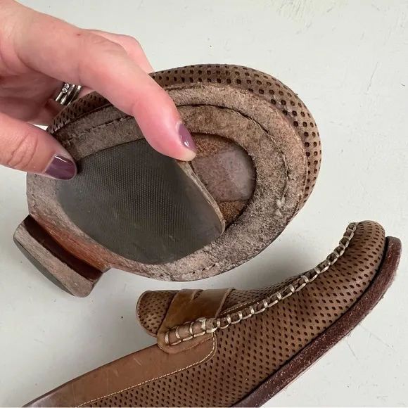 MARTIN DINGMAN- Perforated Brown Leather Moc Toe Penny Loafers