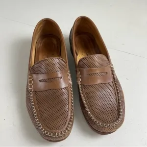 MARTIN DINGMAN- Perforated Brown Leather Moc Toe Penny Loafers