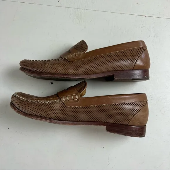 MARTIN DINGMAN- Perforated Brown Leather Moc Toe Penny Loafers