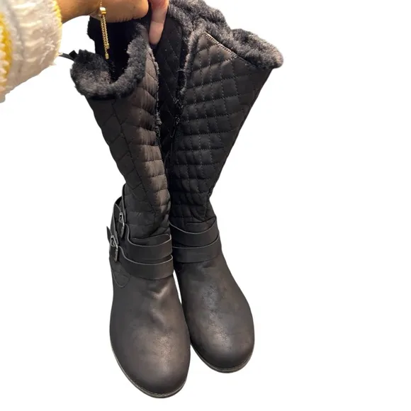 Maurice’s Deena Black Quilted Tall Cozy Lined Winter Buckle Boots