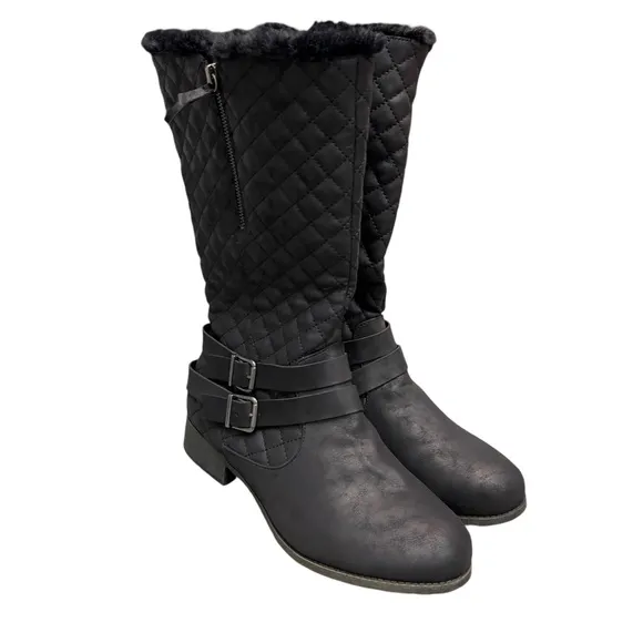 Maurice’s Deena Black Quilted Tall Cozy Lined Winter Buckle Boots