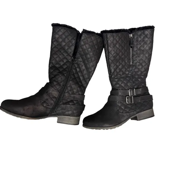 Maurice’s Deena Black Quilted Tall Cozy Lined Winter Buckle Boots