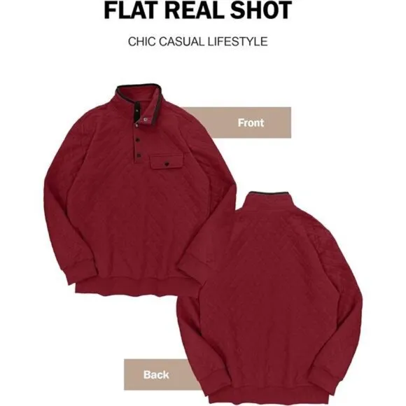 Mens Quilted Sweatshirt Long Sleeve Casual Stand Collar Quarter Button Pullover