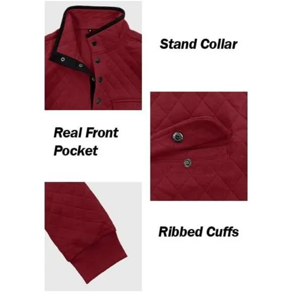 Mens Quilted Sweatshirt Long Sleeve Casual Stand Collar Quarter Button Pullover